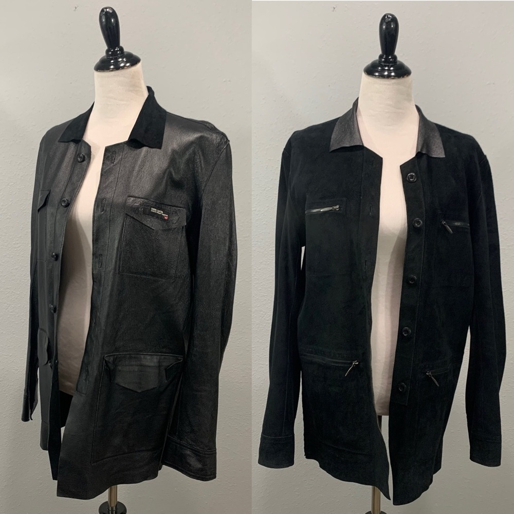 Diesel Reversible Leather Suede Button Coat‎ Jacket Womens M Black Mid Length